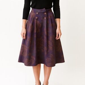 Vintage | Floral Print A-Line Skirt with Inverted Basque Waistline